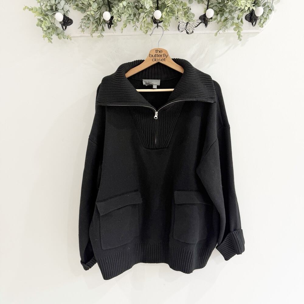 Anthropologie Black Foldover Collar Quarter Zip Heavyweight Sweater XL CC